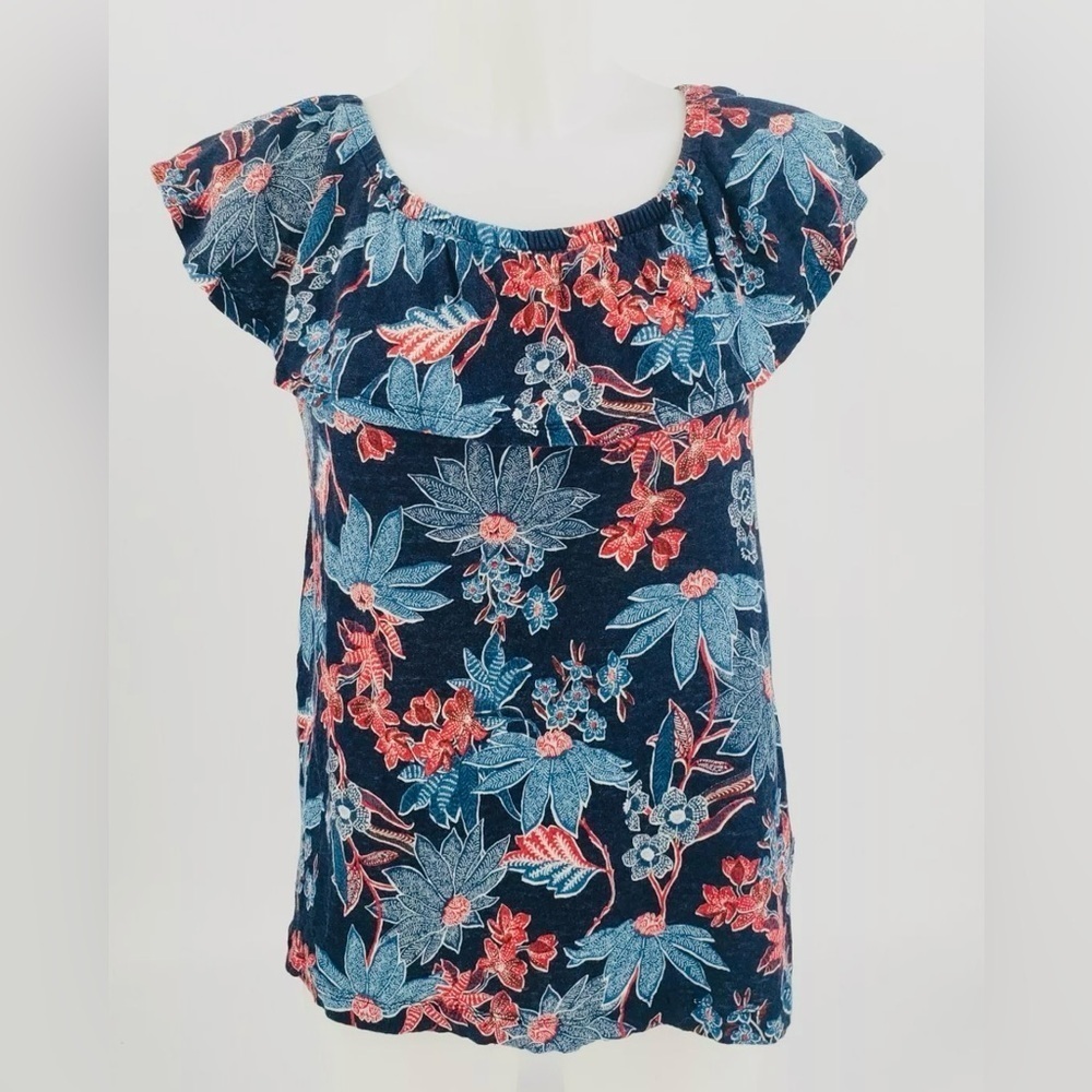 J. Jill Navy Floral Linen Flutter Sleeve Top - Petite M - Picture 2 of 8